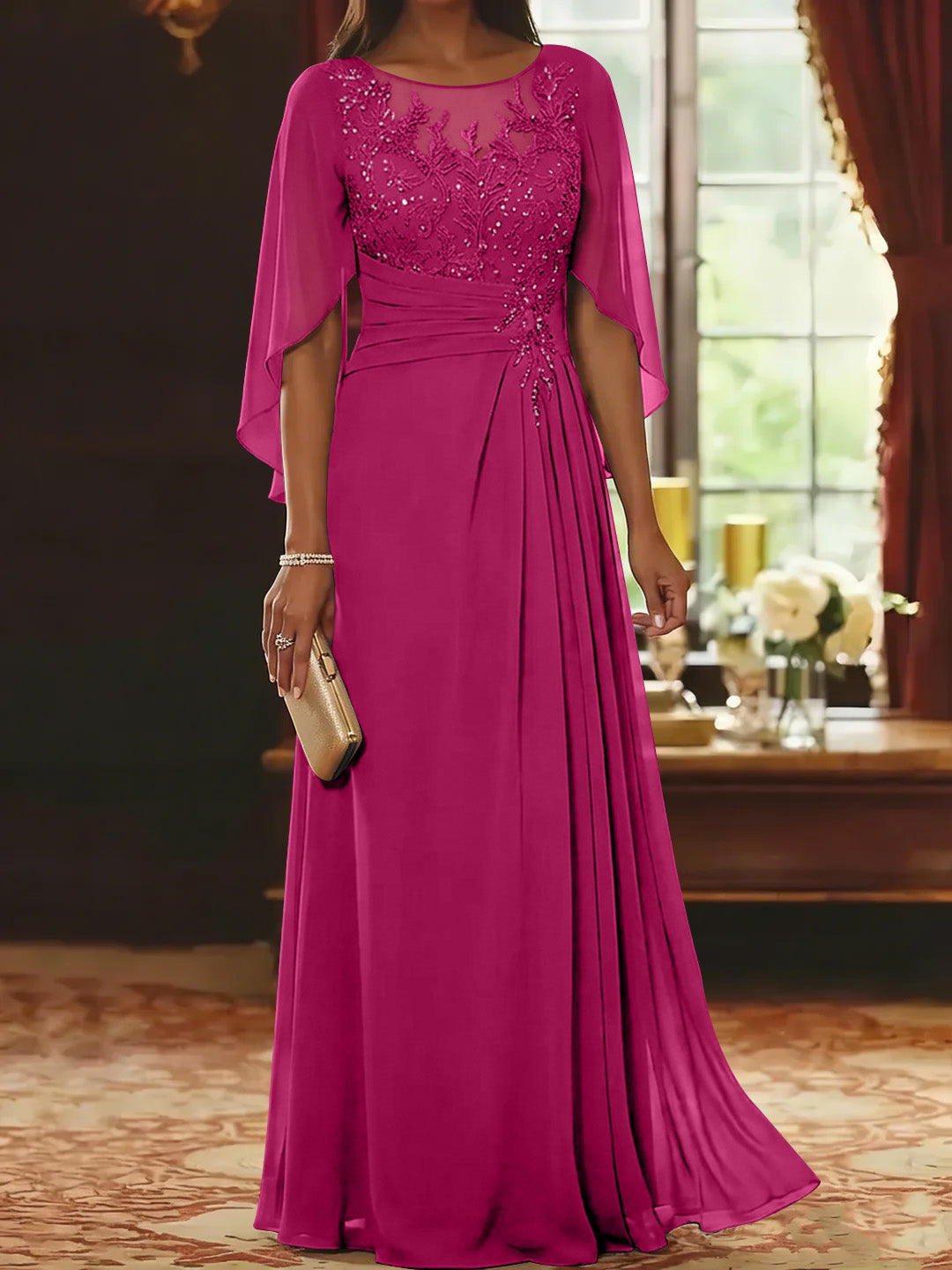A-Line/Princess Scoop Chiffon Mother of the Bride Dresses Lace Half Sleeves Floor-Length