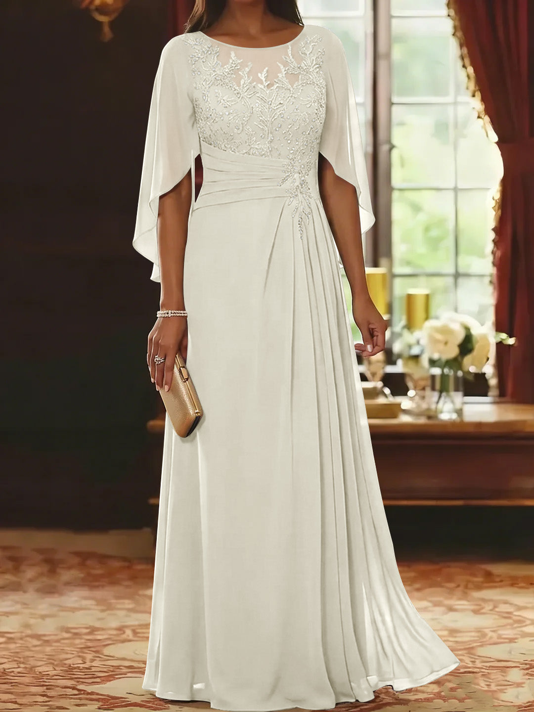 A-Line/Princess Scoop Chiffon Mother of the Bride Dresses Lace Half Sleeves Floor-Length