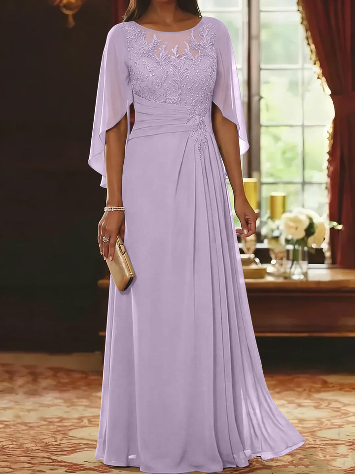 A-Line/Princess Scoop Chiffon Mother of the Bride Dresses Lace Half Sleeves Floor-Length