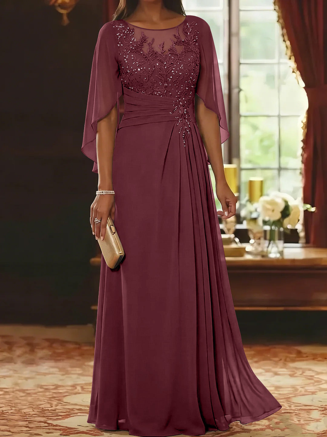 A-Line/Princess Scoop Chiffon Mother of the Bride Dresses Lace Half Sleeves Floor-Length