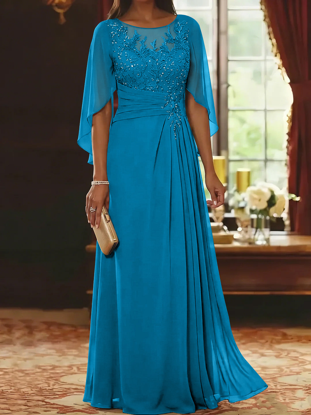 A-Line/Princess Scoop Chiffon Mother of the Bride Dresses Lace Half Sleeves Floor-Length