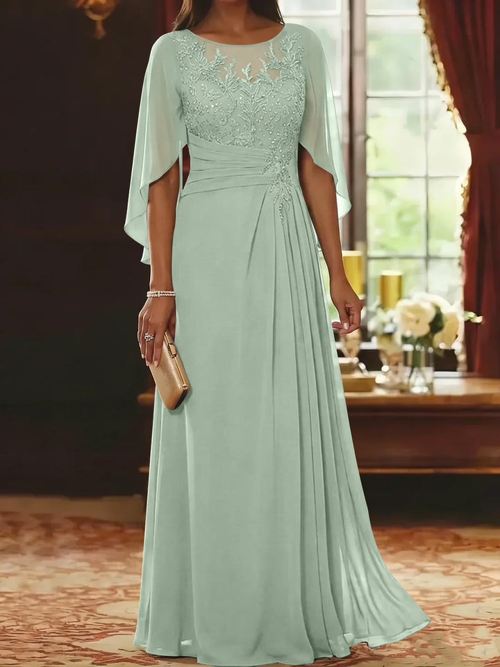 A-Line/Princess Scoop Chiffon Mother of the Bride Dresses Lace Half Sleeves Floor-Length