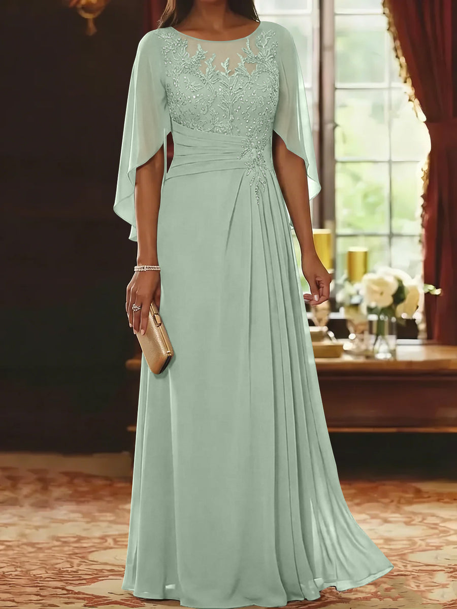 A-Line/Princess Scoop Chiffon Mother of the Bride Dresses Lace Half Sleeves Floor-Length