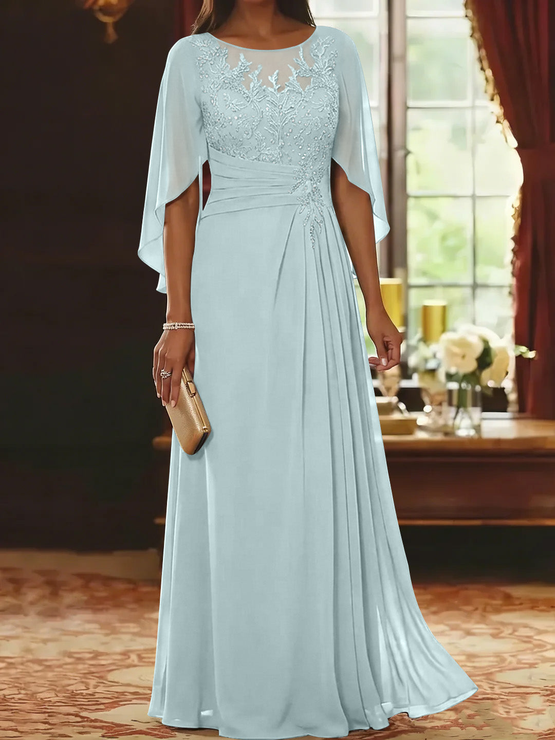 A-Line/Princess Scoop Chiffon Mother of the Bride Dresses Lace Half Sleeves Floor-Length