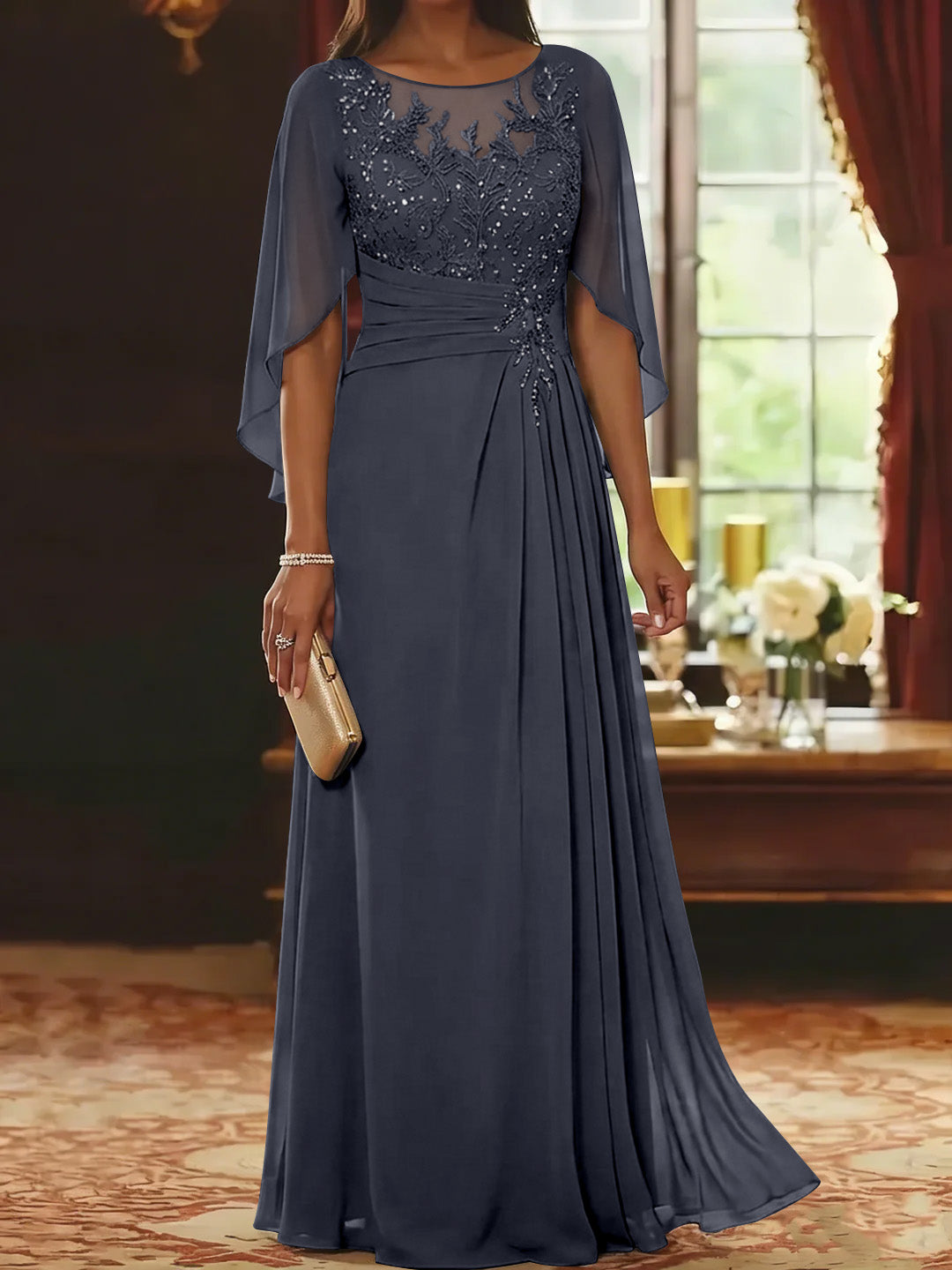 A-Line/Princess Scoop Chiffon Mother of the Bride Dresses Lace Half Sleeves Floor-Length