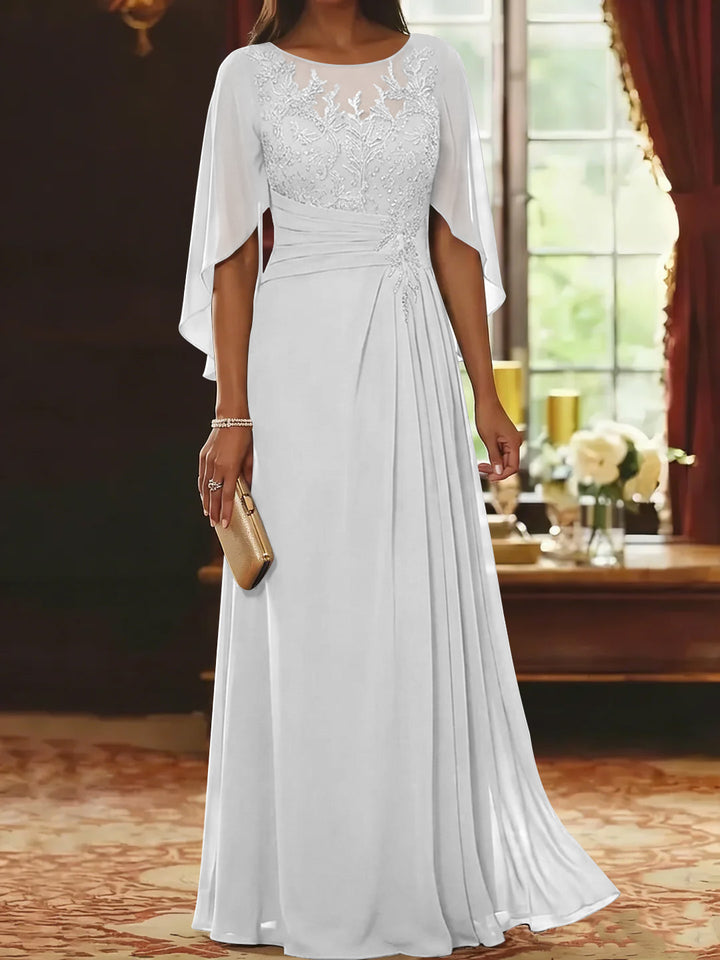 A-Line/Princess Scoop Chiffon Mother of the Bride Dresses Lace Half Sleeves Floor-Length