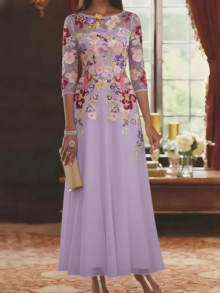 A-Line/Princess Scoop Chiffon Mother of the Bride Dresses Lace Floral Half Sleeves Ankle-Length