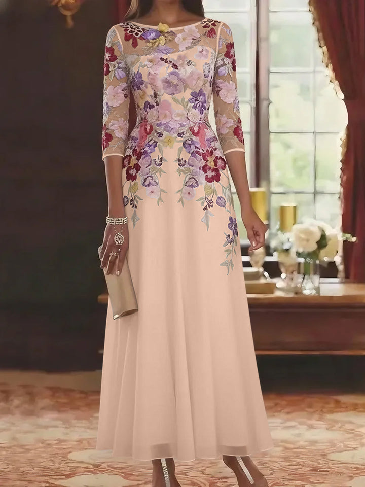 A-Line/Princess Scoop Chiffon Mother of the Bride Dresses Lace Floral Half Sleeves Ankle-Length