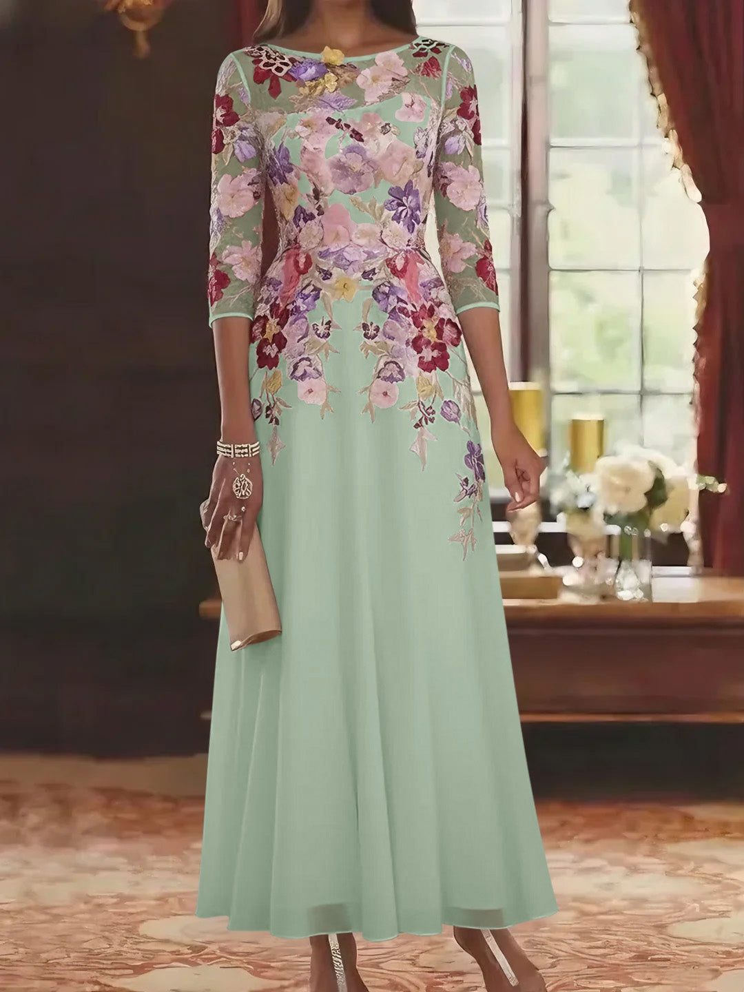 A-Line/Princess Scoop Chiffon Mother of the Bride Dresses Lace Floral Half Sleeves Ankle-Length Sage A-Line/Princess Scoop Chiffon Mother of the Bride Dresses Lace Floral Half Sleeves Ankle-Length Sage