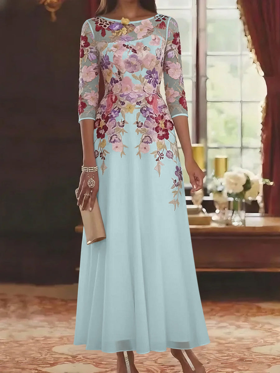 A-Line/Princess Scoop Chiffon Mother of the Bride Dresses Lace Floral Half Sleeves Ankle-Length