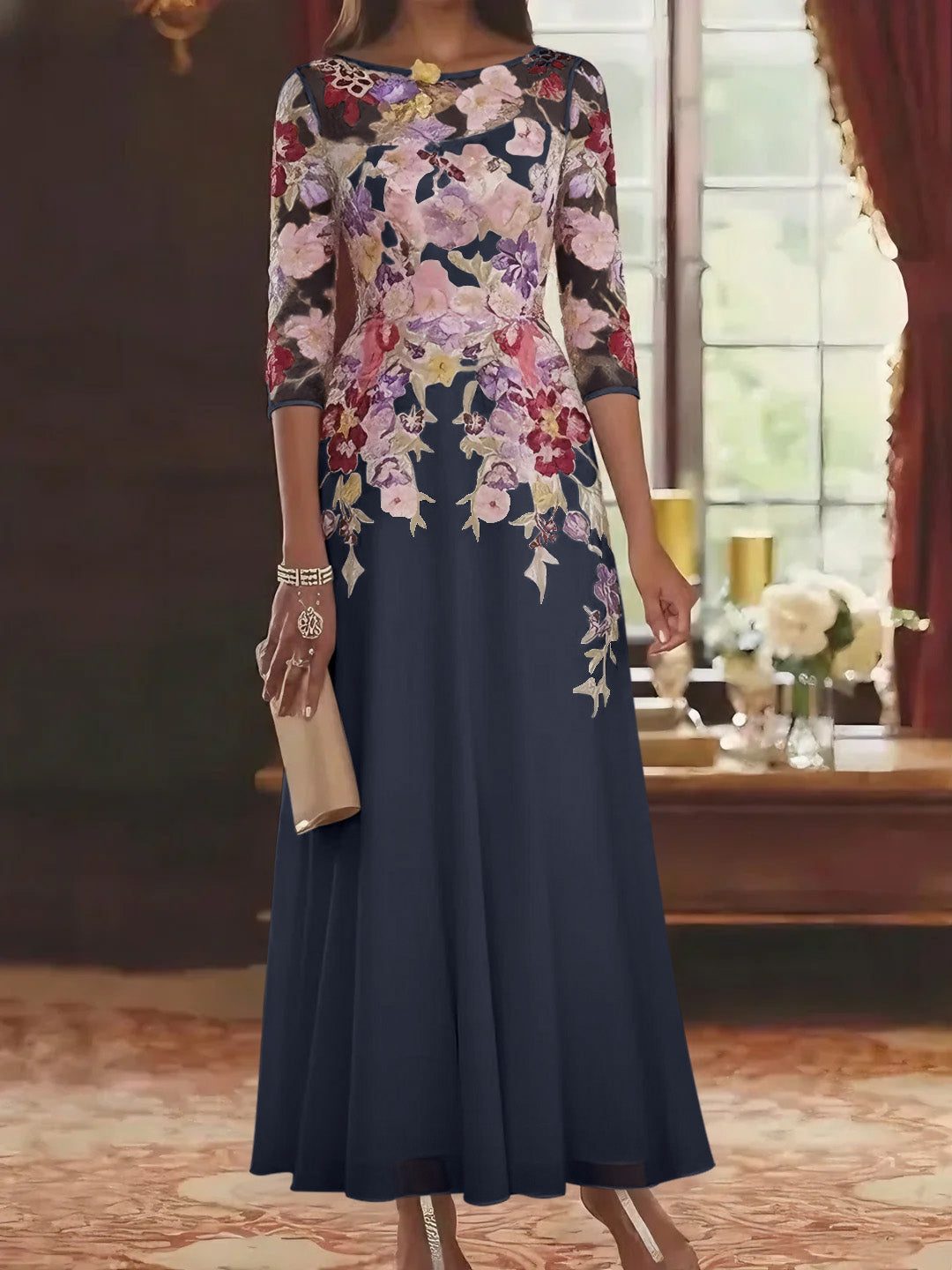 A-Line/Princess Scoop Chiffon Mother of the Bride Dresses Lace Floral Half Sleeves Ankle-Length