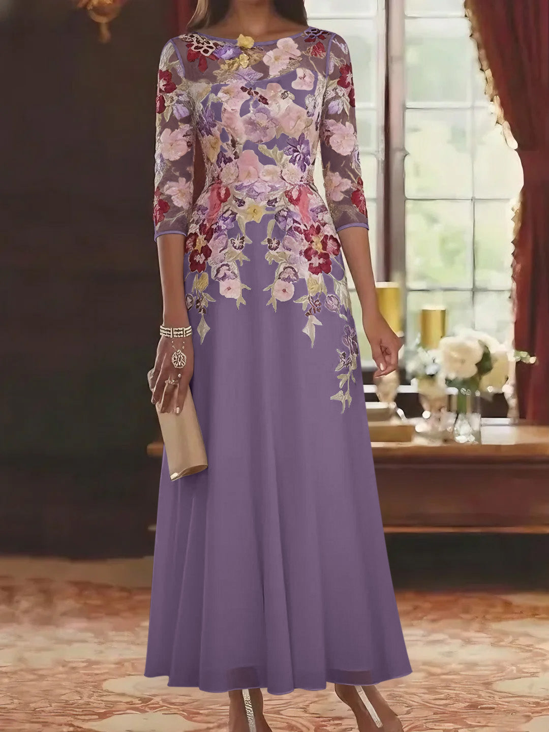 A-Line/Princess Scoop Chiffon Mother of the Bride Dresses Lace Floral Half Sleeves Ankle-Length