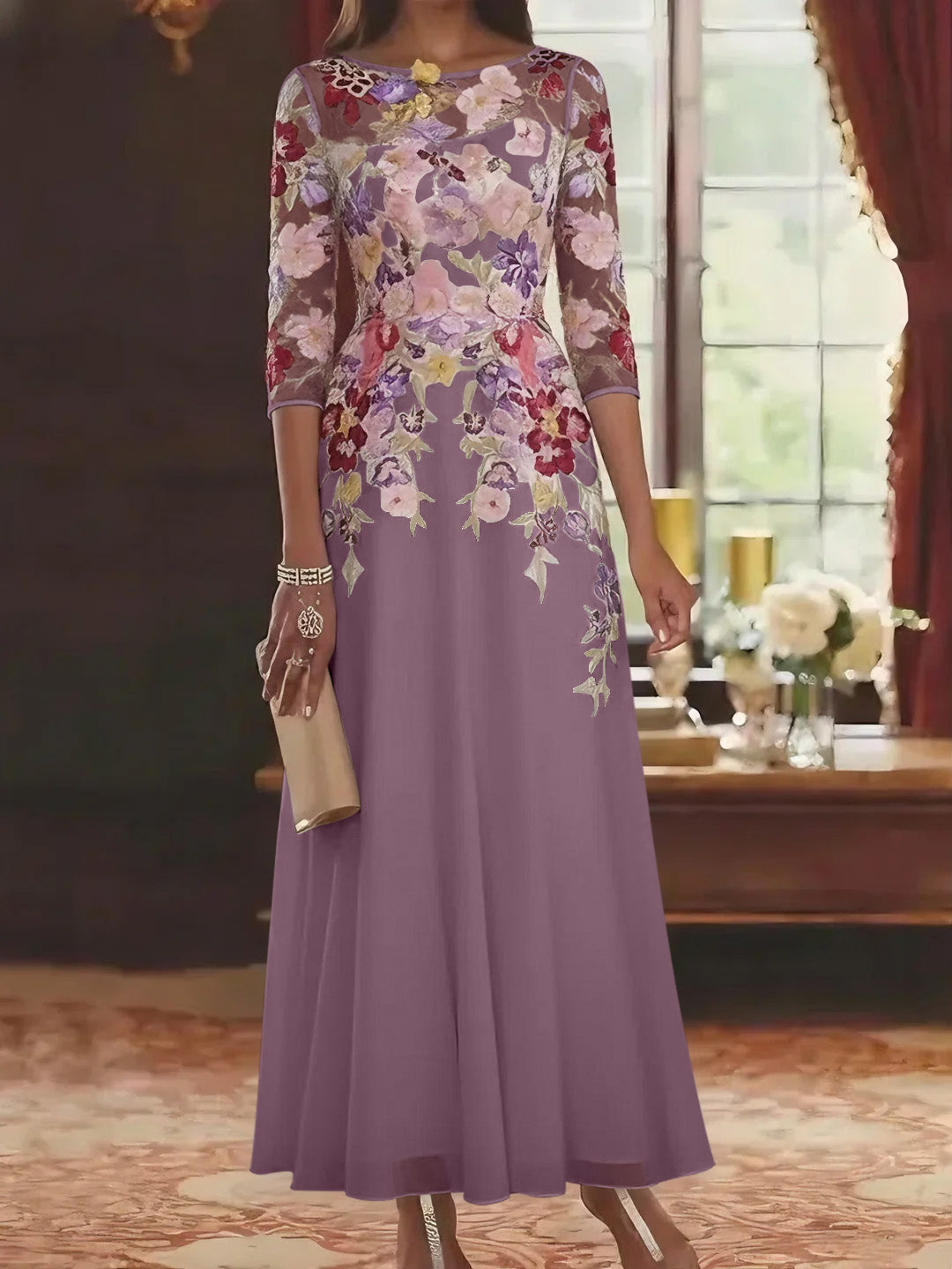 A-Line/Princess Scoop Chiffon Mother of the Bride Dresses Lace Floral Half Sleeves Ankle-Length