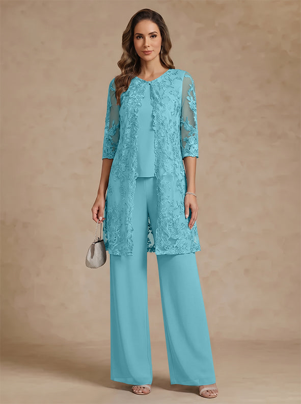 3 Pieces Scoop Chiffon Mother of the Bride Pantsuits with Jacket Lace Ankle-Length Floral 3/4 Sleeves
