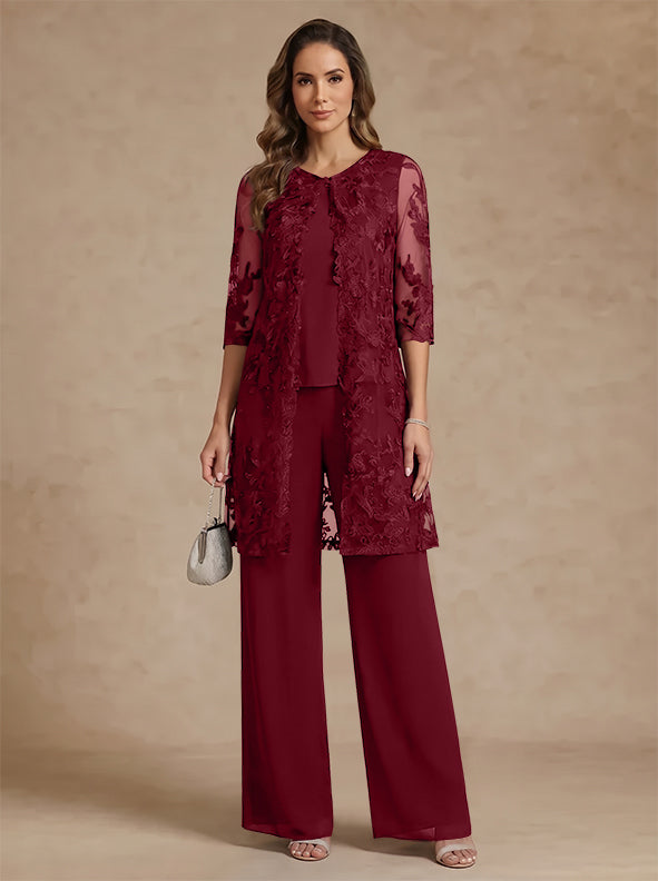 3 Pieces Scoop Chiffon Mother of the Bride Pantsuits with Jacket Lace Ankle-Length Floral 3/4 Sleeves