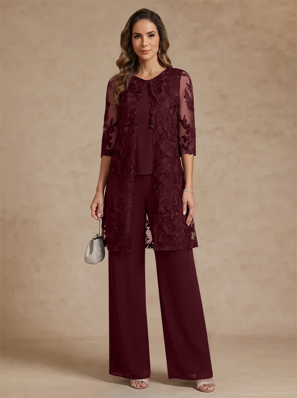 3 Pieces Scoop Chiffon Mother of the Bride Pantsuits with Jacket Lace Ankle-Length Floral 3/4 Sleeves