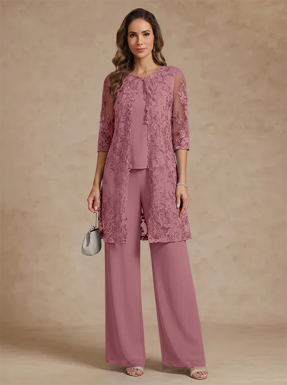 3 Pieces Scoop Chiffon Mother of the Bride Pantsuits with Jacket Lace Ankle-Length Floral 3/4 Sleeves
