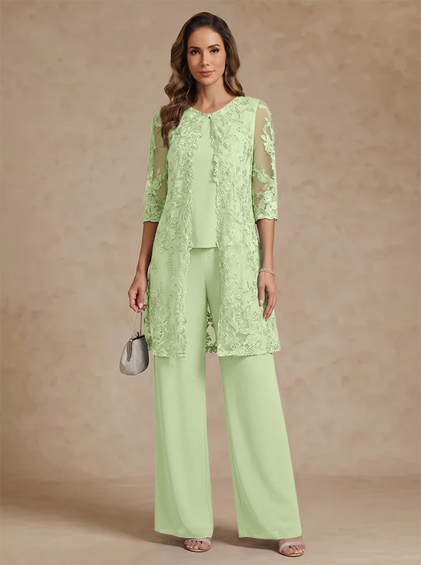 3 Pieces Scoop Chiffon Mother of the Bride Pantsuits with Jacket Lace Ankle-Length Floral 3/4 Sleeves