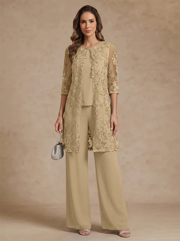 3 Pieces Scoop Chiffon Mother of the Bride Pantsuits with Jacket Lace Ankle-Length Floral 3/4 Sleeves