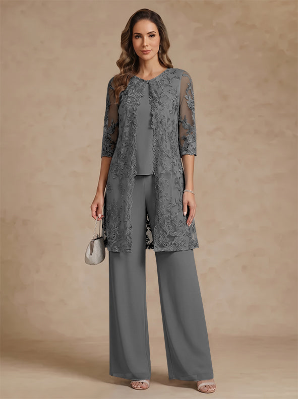 3 Pieces Scoop Chiffon Mother of the Bride Pantsuits with Jacket Lace Ankle-Length Floral 3/4 Sleeves