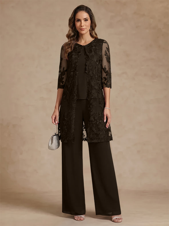 3 Pieces Scoop Chiffon Mother of the Bride Pantsuits with Jacket Lace Ankle-Length Floral 3/4 Sleeves