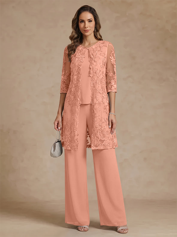 3 Pieces Scoop Chiffon Mother of the Bride Pantsuits with Jacket Lace Ankle-Length Floral 3/4 Sleeves