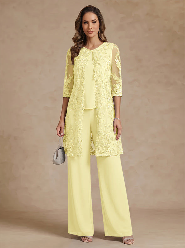 3 Pieces Scoop Chiffon Mother of the Bride Pantsuits with Jacket Lace Ankle-Length Floral 3/4 Sleeves