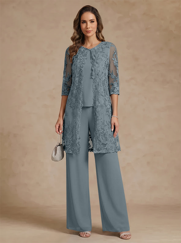 3 Pieces Scoop Chiffon Mother of the Bride Pantsuits with Jacket Lace Ankle-Length Floral 3/4 Sleeves
