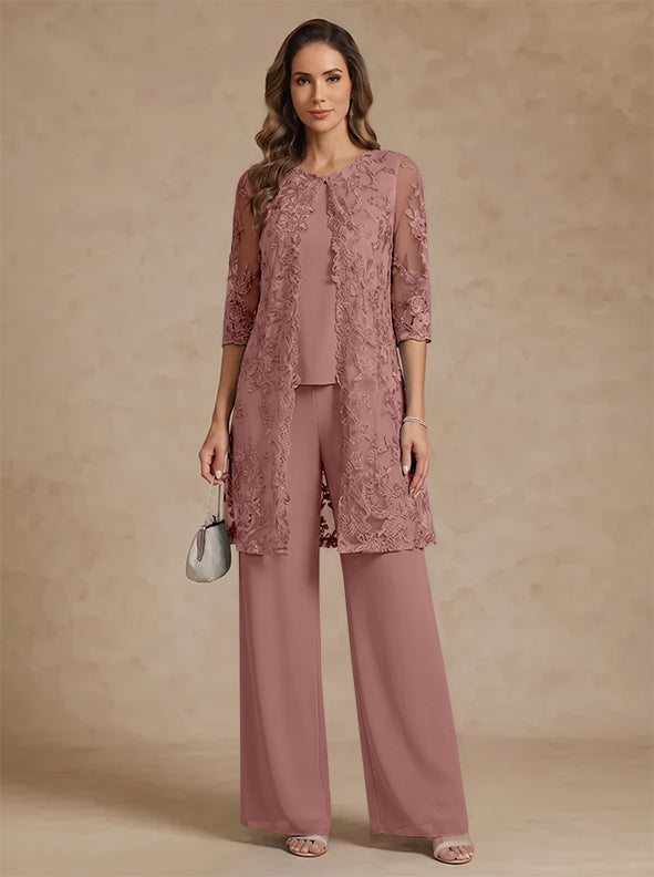 3 Pieces Scoop Chiffon Mother of the Bride Pantsuits with Jacket Lace Ankle-Length Floral 3/4 Sleeves