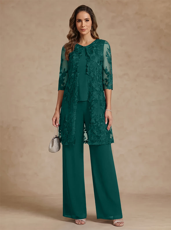 3 Pieces Scoop Chiffon Mother of the Bride Pantsuits with Jacket Lace Ankle-Length Floral 3/4 Sleeves