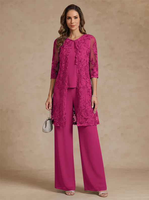 3 Pieces Scoop Chiffon Mother of the Bride Pantsuits with Jacket Lace Ankle-Length Floral 3/4 Sleeves