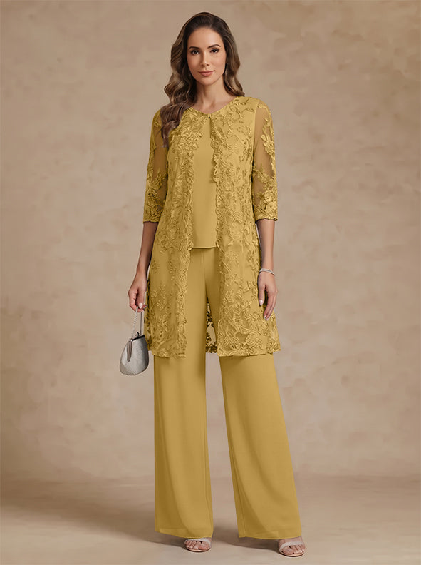 3 Pieces Scoop Chiffon Mother of the Bride Pantsuits with Jacket Lace Ankle-Length Floral 3/4 Sleeves