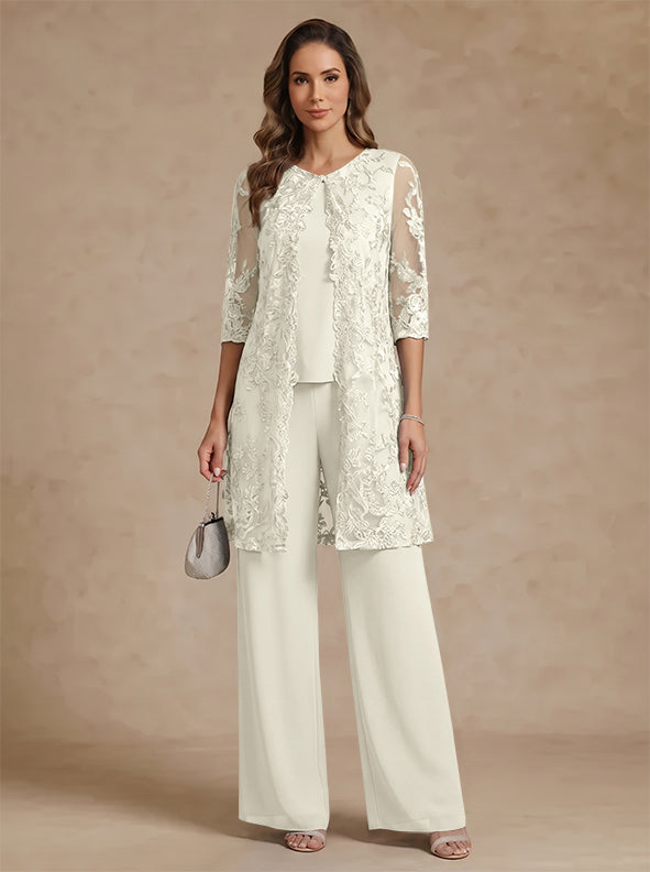 3 Pieces Scoop Chiffon Mother of the Bride Pantsuits with Jacket Lace Ankle-Length Floral 3/4 Sleeves