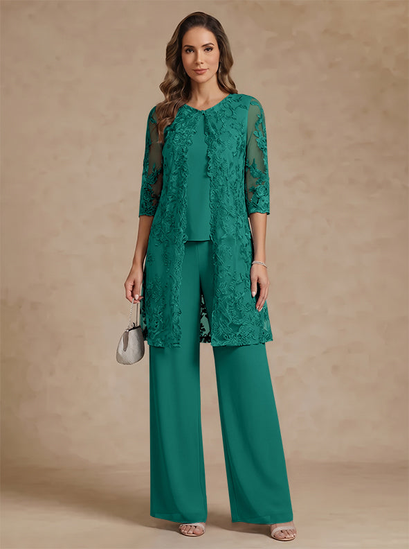 3 Pieces Scoop Chiffon Mother of the Bride Pantsuits with Jacket Lace Ankle-Length Floral 3/4 Sleeves