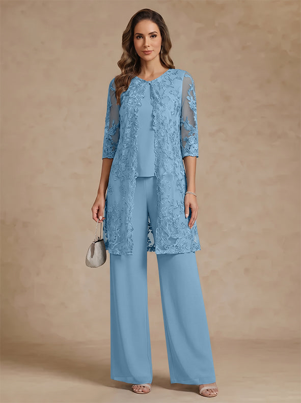 3 Pieces Scoop Chiffon Mother of the Bride Pantsuits with Jacket Lace Ankle-Length Floral 3/4 Sleeves
