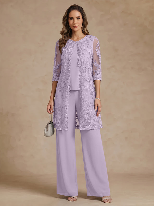 3 Pieces Scoop Chiffon Mother of the Bride Pantsuits with Jacket Lace Ankle-Length Floral 3/4 Sleeves