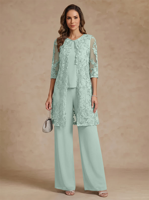 3 Pieces Scoop Chiffon Mother of the Bride Pantsuits with Jacket Lace Ankle-Length Floral 3/4 Sleeves