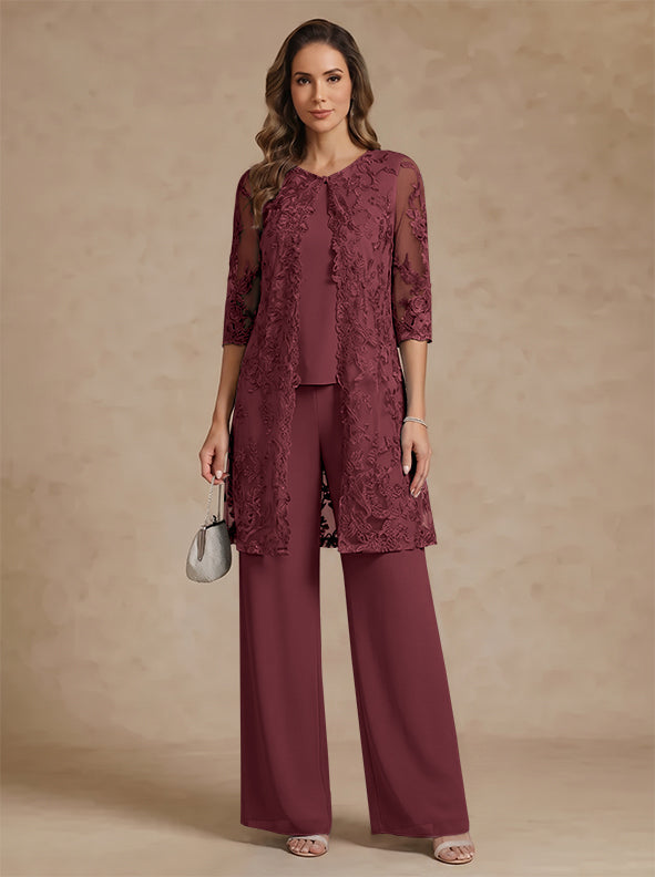 3 Pieces Scoop Chiffon Mother of the Bride Pantsuits with Jacket Lace Ankle-Length Floral 3/4 Sleeves