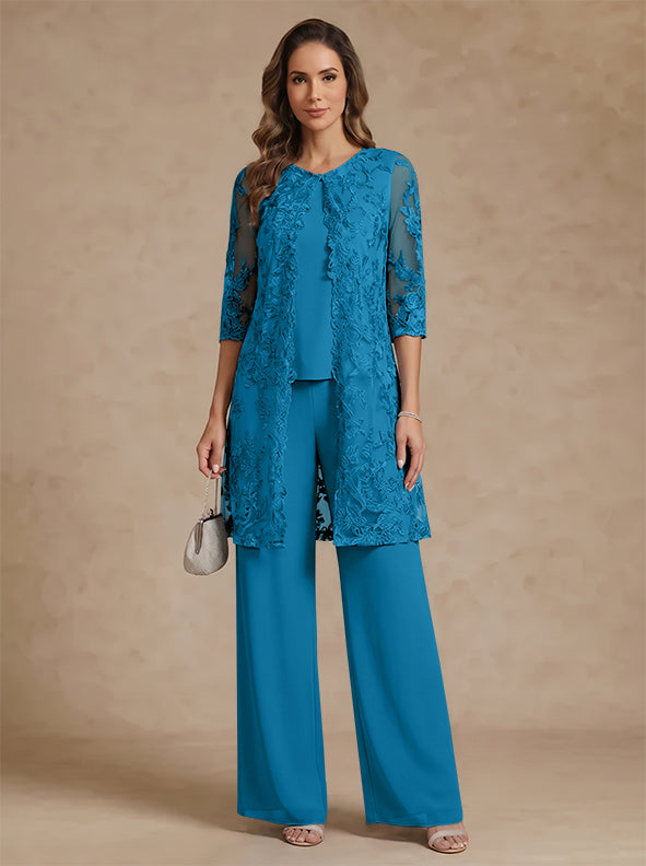 3 Pieces Scoop Chiffon Mother of the Bride Pantsuits with Jacket Lace Ankle-Length Floral 3/4 Sleeves