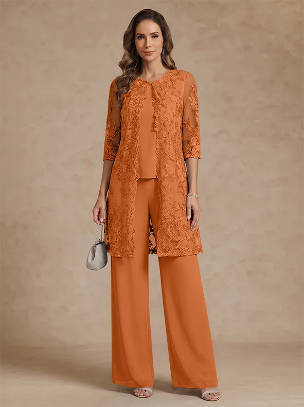 3 Pieces Scoop Chiffon Mother of the Bride Pantsuits with Jacket Lace Ankle-Length Floral 3/4 Sleeves
