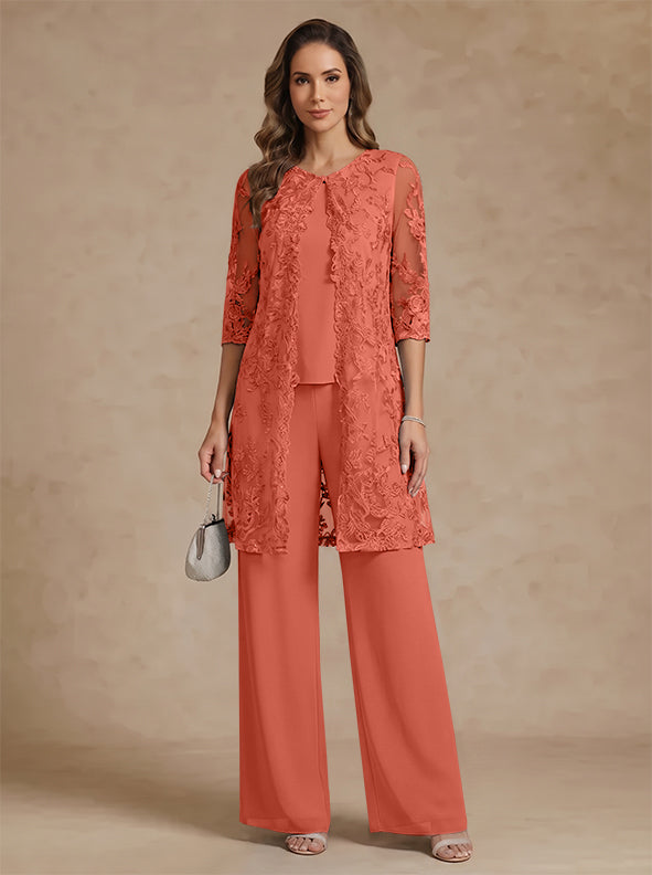 3 Pieces Scoop Chiffon Mother of the Bride Pantsuits with Jacket Lace Ankle-Length Floral 3/4 Sleeves