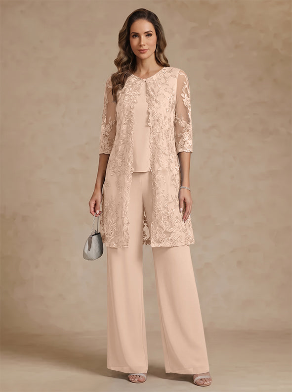 3 Pieces Scoop Chiffon Mother of the Bride Pantsuits with Jacket Lace Ankle-Length Floral 3/4 Sleeves
