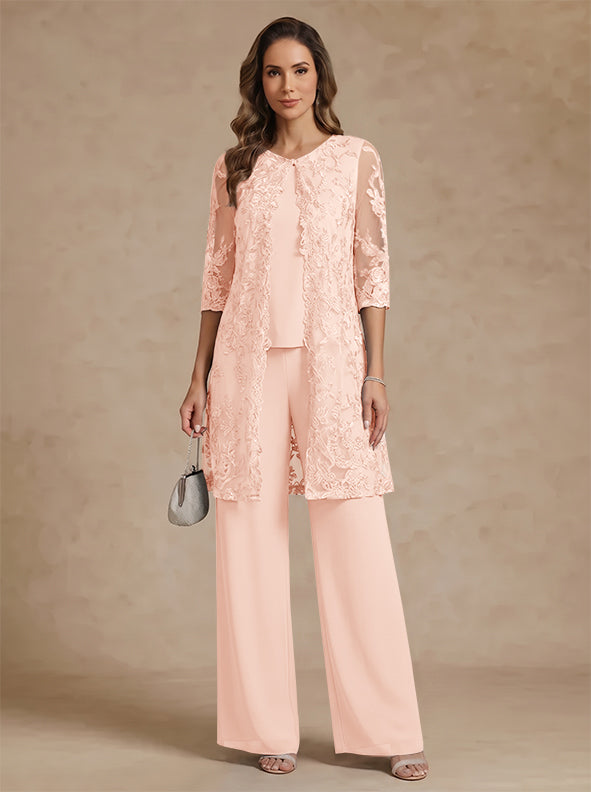 3 Pieces Scoop Chiffon Mother of the Bride Pantsuits with Jacket Lace Ankle-Length Floral 3/4 Sleeves