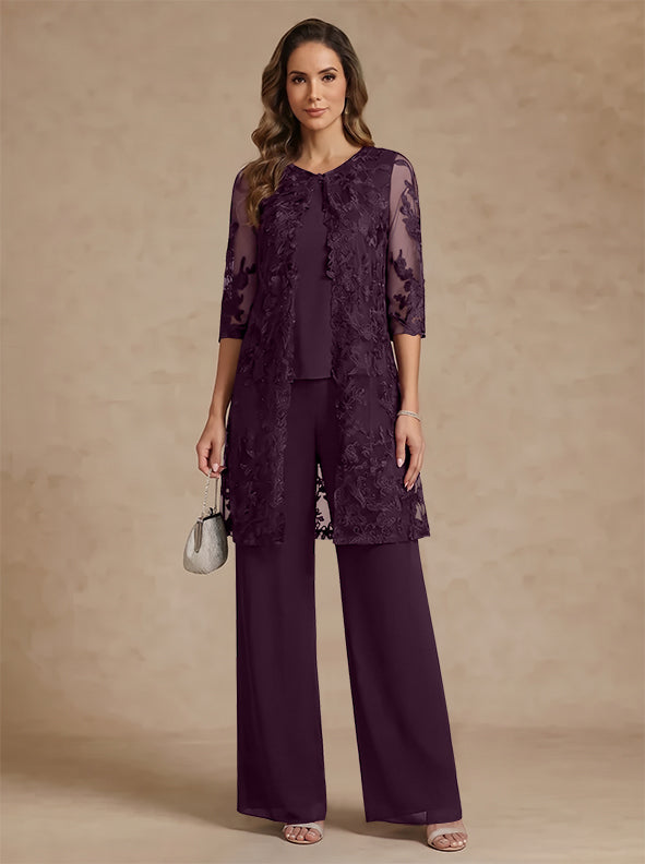 3 Pieces Scoop Chiffon Mother of the Bride Pantsuits with Jacket Lace Ankle-Length Floral 3/4 Sleeves