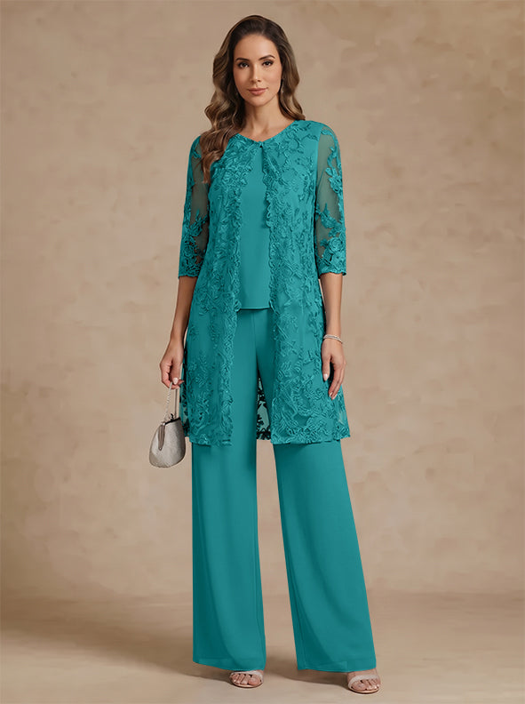 3 Pieces Scoop Chiffon Mother of the Bride Pantsuits with Jacket Lace Ankle-Length Floral 3/4 Sleeves