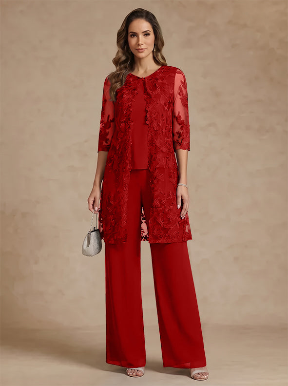 3 Pieces Scoop Chiffon Mother of the Bride Pantsuits with Jacket Lace Ankle-Length Floral 3/4 Sleeves