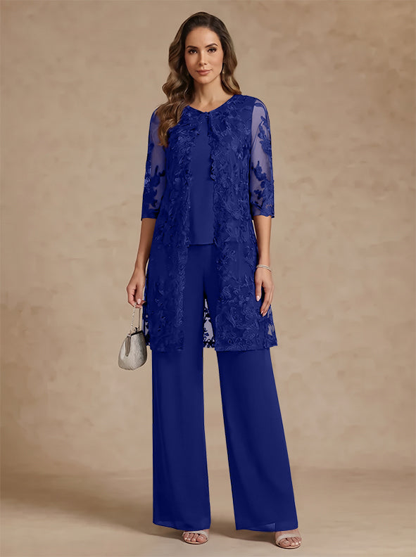 3 Pieces Scoop Chiffon Mother of the Bride Pantsuits with Jacket Lace Ankle-Length Floral 3/4 Sleeves
