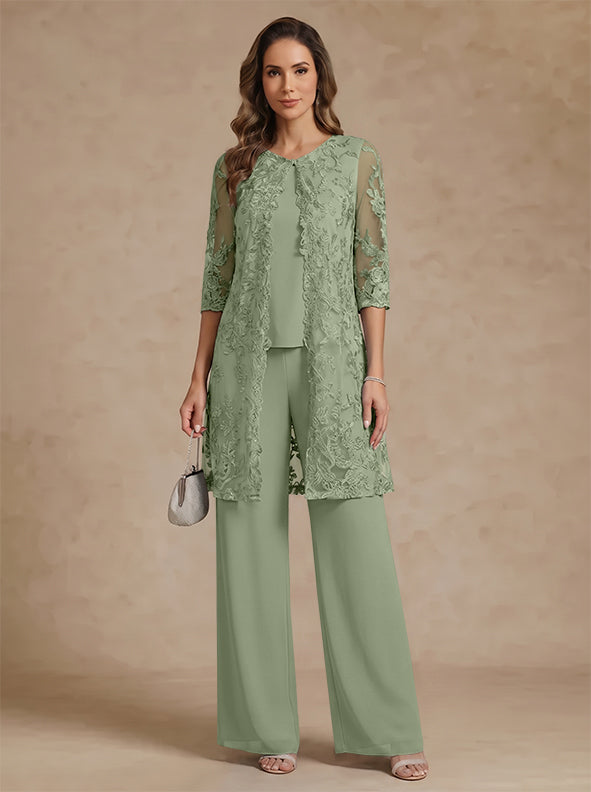 3 Pieces Scoop Chiffon Mother of the Bride Pantsuits with Jacket Lace Ankle-Length Floral 3/4 Sleeves