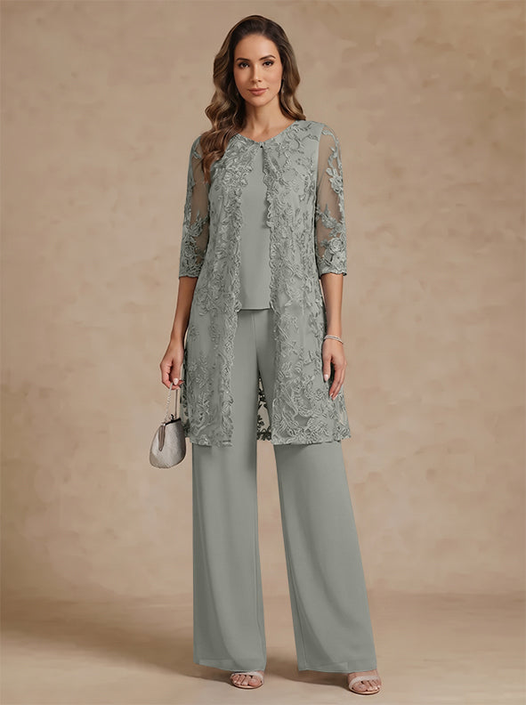 3 Pieces Scoop Chiffon Mother of the Bride Pantsuits with Jacket Lace Ankle-Length Floral 3/4 Sleeves