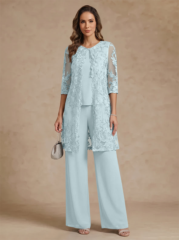 3 Pieces Scoop Chiffon Mother of the Bride Pantsuits with Jacket Lace Ankle-Length Floral 3/4 Sleeves